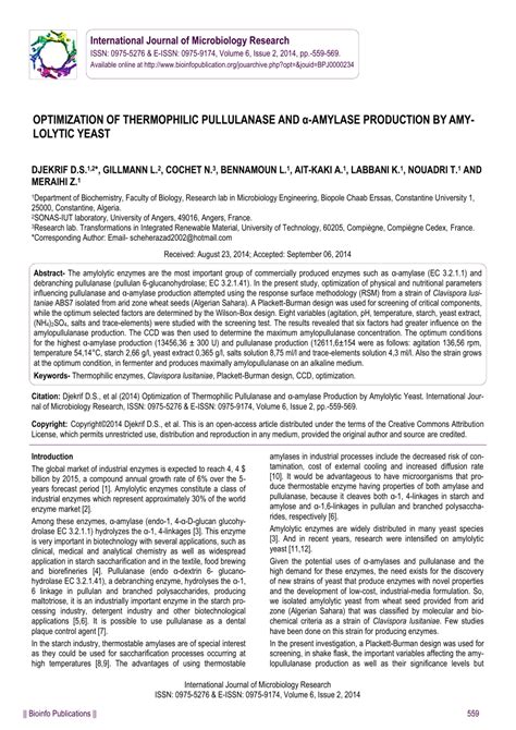 Pdf Optimization Of Thermophilic Pullulanase And A Amylase Production