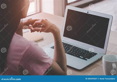 Laptop Mock Up With Female Working On Computer At Home With Blank