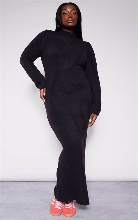 Plus Black Knit Open Back Long Sleeve Maxi Dress Plus Size