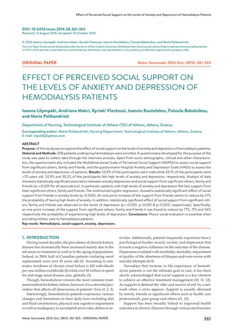 Pdf Effect Of Perceived Social Support On The Levels Of Anxiety And Depression Of Hemodialysis