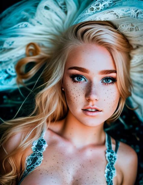 Hermosa Mujer Rubia Con Ojos Azules Y Pecas Acostada En Una Cama Foto