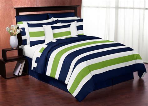 Navy Blue Lime Green White Stripes Full Queen Kid Teen Boy Bedding