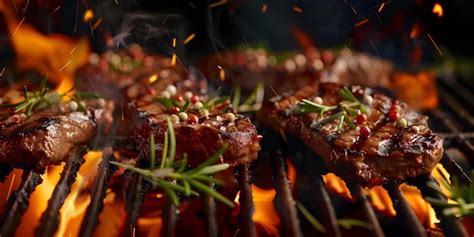 Beef Steaks On The Grill With Fire Flames Background Ai Generated