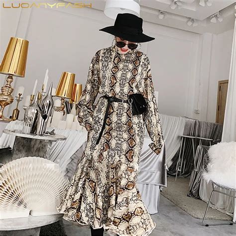 Luoanyfash Serpentine Print Long Dress Long Sleeves Sexy Dresses For