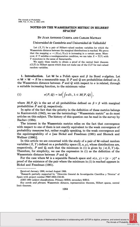 (PDF) Notes on the Wasserstein Metric in Hilbert Spaces