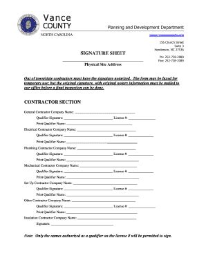 Fillable Online Vancecounty Contractor Signature Sheet Vance County