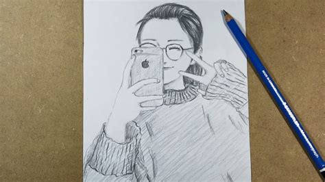 How To Draw A Cute Girl Taking A Selfie Pencil Youtube