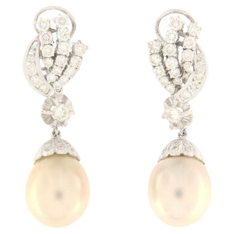 South Sea Pearls 18 Karat White Gold Diamonds Drop Earrings For Sale At