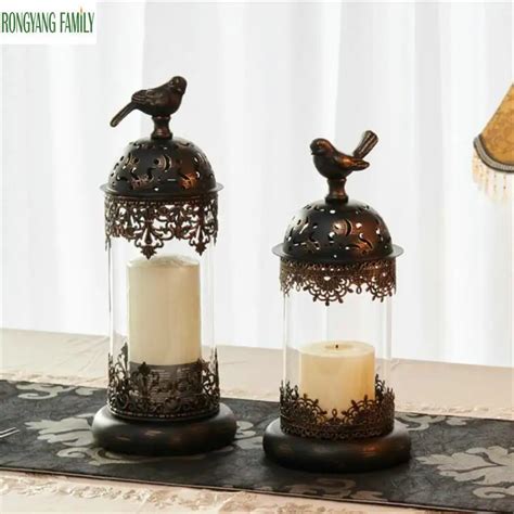 European Antique Iron Glass Candle Holders Moroccan Retro Bird Candlesticks Home Decoration