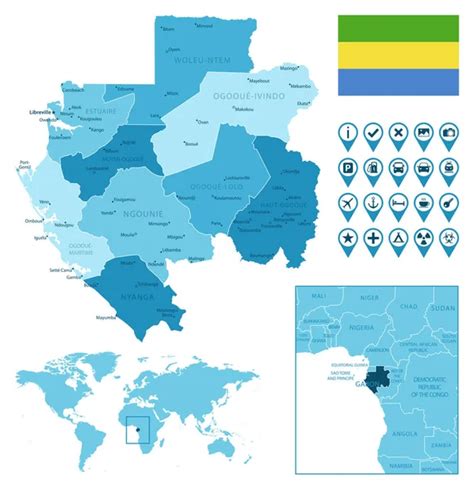 Gabón Mapa Azul Administrativo Detallado Con Bandera Del País Y