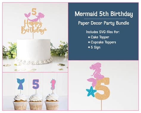 Mermaid 5th Birthday Cake Topper Svg Mermaid Birthday Cupcake Etsy