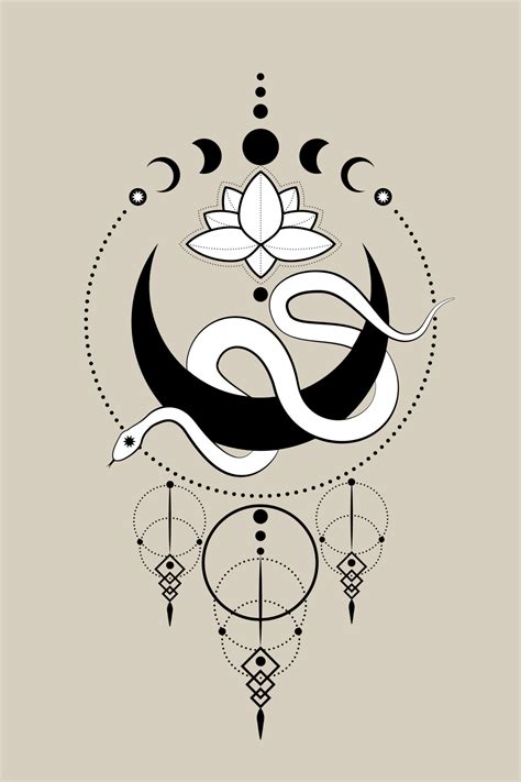 White Snake on Crescent Moon and Lotus Flower, Sacred geometry. Moon ...