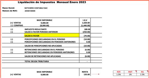 Liquidación Impuesto Mensual [igv Renta Pagar] Noticiero Contable