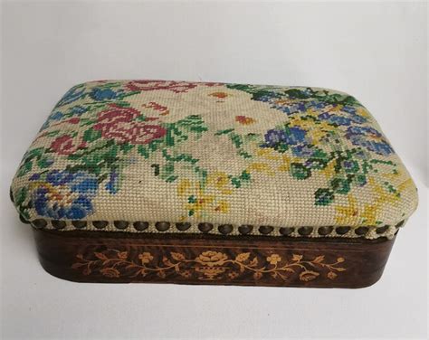 Antique Embroidered Footstool With Flowers And Inlaid Walnut Veneer