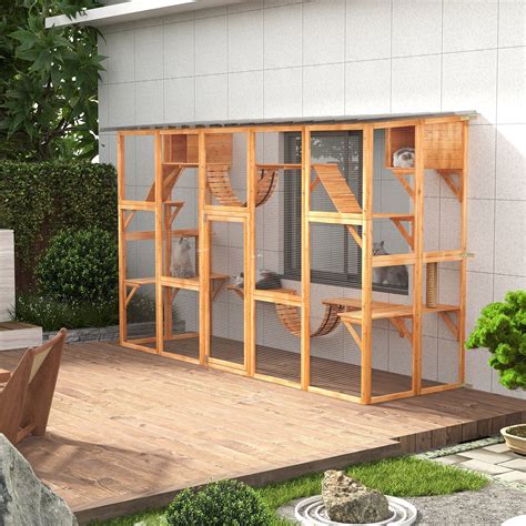 PawHut Catio Playground: Outdoor Kitty Exterior, Multiple Door, Wooden