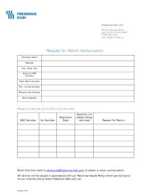 Fillable Online Request For Return Authorization Fresenius Kabi Fax