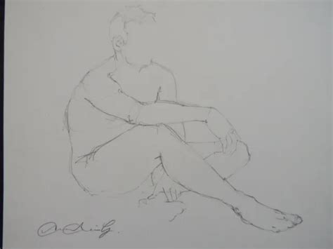 Original Nude Male Studio Life Drawing Pencil Study In A Seated Pose