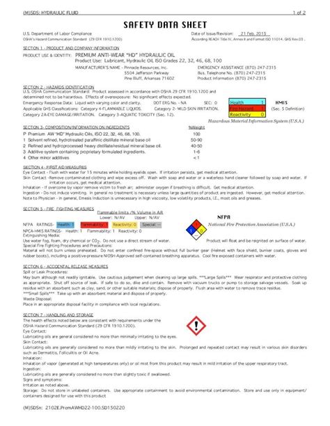 Pdf M Sds Hydraulic Fluid Safety Data Pdf File M Sds Hydraulic