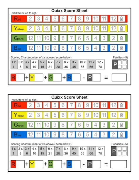 Qwixx Score Sheets Printable