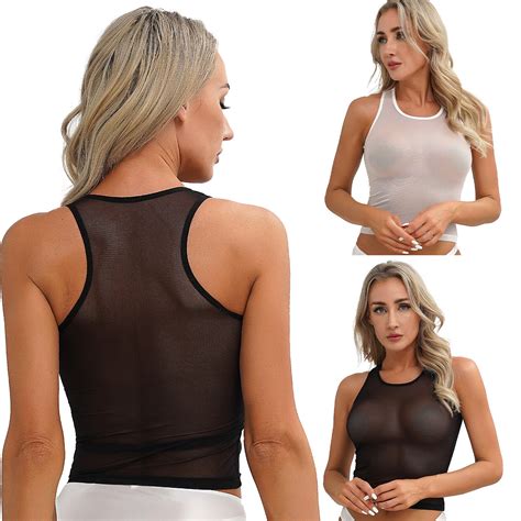 De Sexy Damen Sheer Mesh Kurz Oberteil Durchsichtig Crop Top Shirt