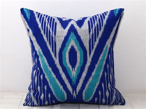 Blue Turquoise Silk Ikat Cushion Cover Uzbekistan Handmade Traditional