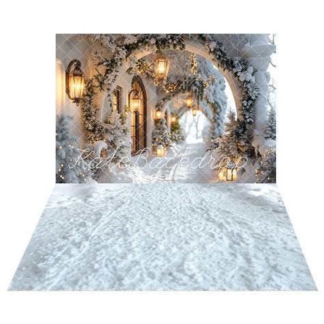 Kate Winter Retro White Flower Christmas Arch Hallway Backdrop Winter