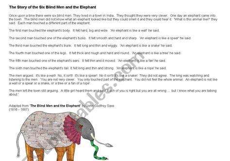 The Blind Men And The Elephant Esl Worksheet By Koh Glyn