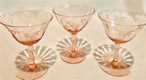 Vintage Blush Pink Floral Etched Depression Glass Wine Cocktail Glasses