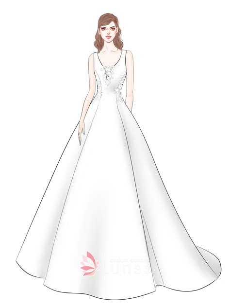 Sleeveless White V Neck Ball Gown Wedding Dress Sketch In 2021