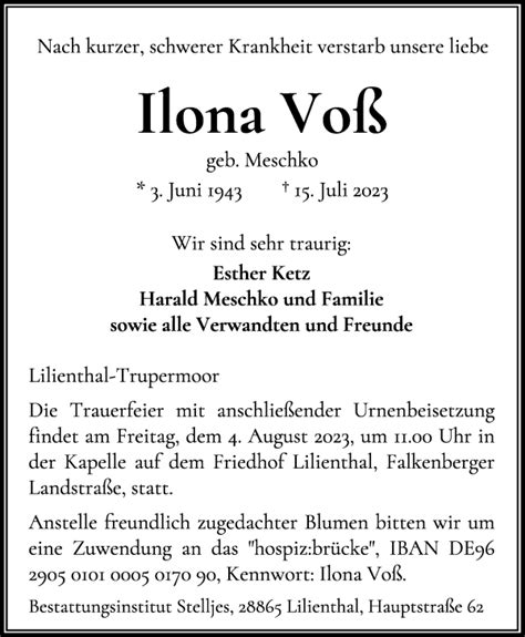 Traueranzeigen Von Ilona Vo Trauer Gedenken