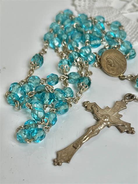 Vintage Five Decades Rosary Aqua Blue Glass Beads Rosary Etsy