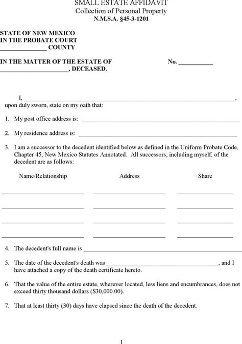 Free New Mexico Small Estate Affidavit Form Pdf 7kb 2 Pages