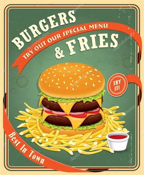 Vintage Fast Food Poster Design With Burgers And Fries — Stock Vector © Donnay 45426359