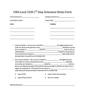 Fillable Online Cwa2100 CWA Local 2100 1st Step Grievance Notes Form