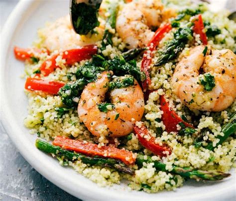 Simple And Deliciously Seasoned Shrimp Couscous Roasted On A Single Sheet Pan With Asparagus And