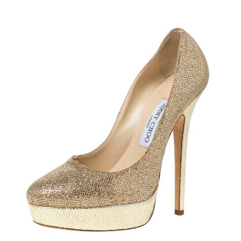 Jimmy Choo Gold Glitter Fabric And Embossed Leather Eros Platform Pumps