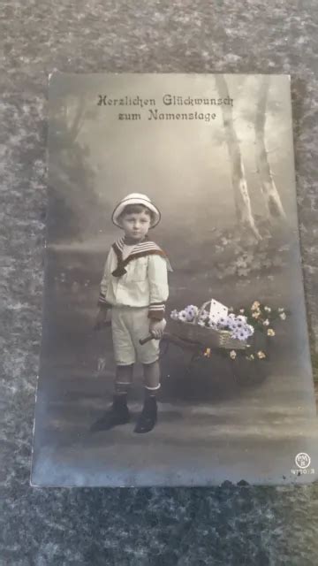 Ak Alte Kinderpostkarte Namenstag Gl Ckwunsch Junge Blumen Wagen