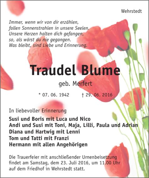 Traueranzeigen Von Traudel Blume Trauerportal Hildesheimer Allgemeine