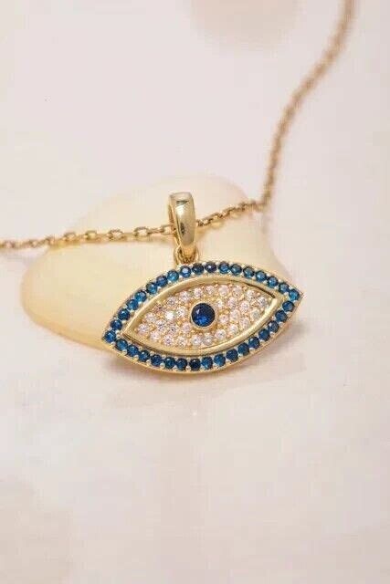 1 50 Ct Round Simulated Sapphire Evil Eye Pendant W 18 14k Yellow Gold