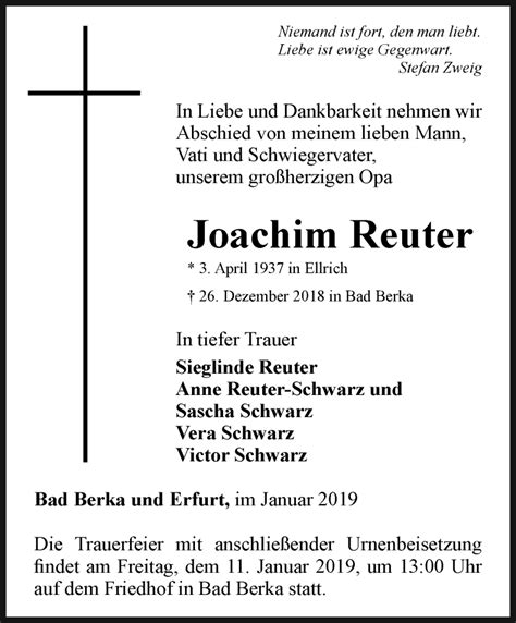 Traueranzeigen Von Joachim Reuter Trauer In Thueringen De