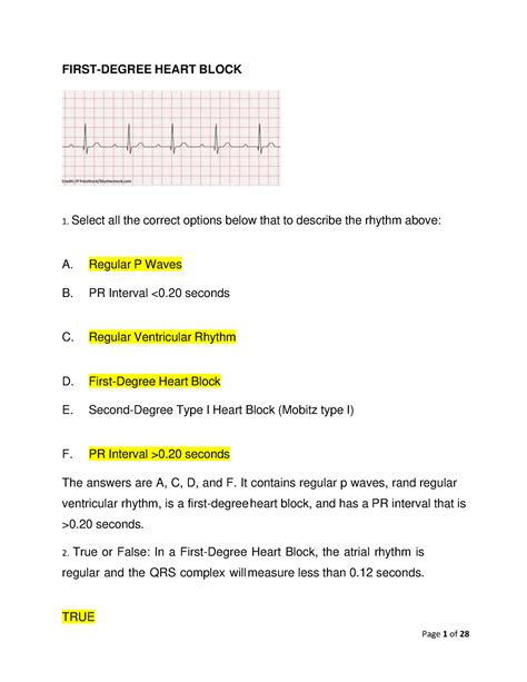 Med Surg Practice Exam102 First Degree Heart Block Select All The