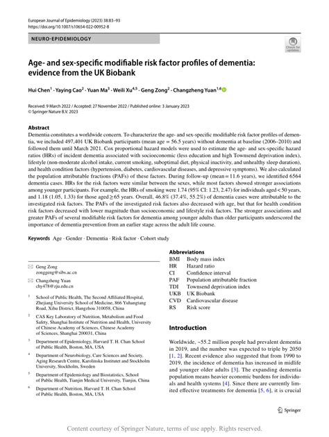 Age And Sex Specific Modifiable Risk Factor Profiles Of Dementia