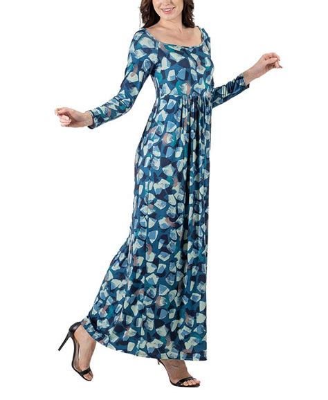 24seven Comfort Apparel Womens Abstract Long Sleeve Pleated Maxi Dress