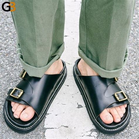 Mens Summer Designer Style Cowhide Leather Buckle Slip On Sandals Mens Leather Sandals Mens