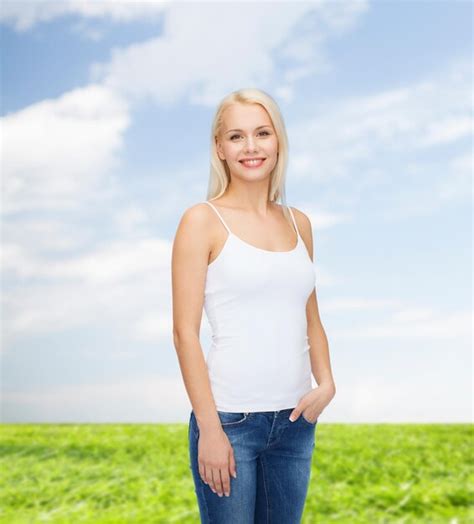 Premium Photo T Shirt Design Concept Smiling Woman In Blank White