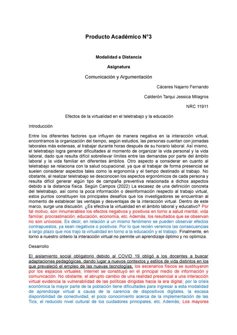 PA3 Comunicación Y Argumentación Producto Académico N Modalidad a