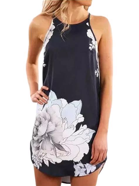 Women Halter Neck Boho Dress Sunflower Print Sleeveless Mini Beachwear