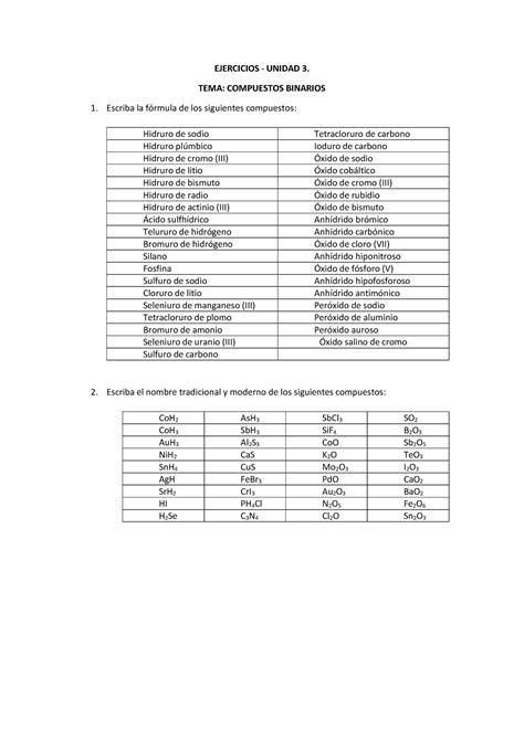 Ejercicios Qg Nomenclatura Inorg Nica Compuestos Binarios