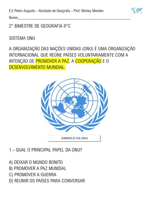 Atividade Sobre A Onu - Atividades sobre ONU e UNICEF - 8º Ano | PDF