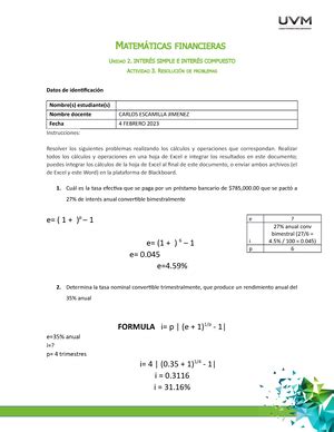 Ejercicios Matemáticas MATEMÁTICAS FINANCIERAS UNIDAD 4